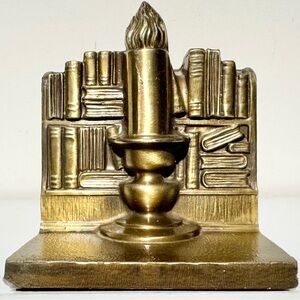 Vintage PM Philadelphia Manufacturing Co Metal Brass Bookend Candle - Books